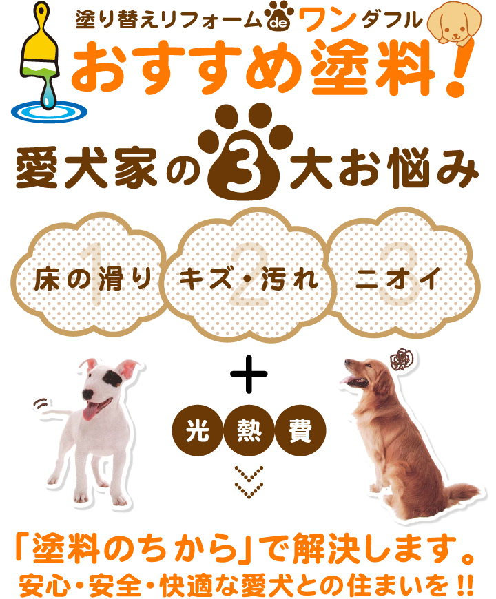 塗り替えリフォームdeワンダフル！おすすめ塗料　愛犬家の３大お悩み「床の滑り」「キズ・汚れ」「ニオイ」＋光熱費→「塗料のちから」で解決します。安心・安全・快適な愛犬との住まいを！！